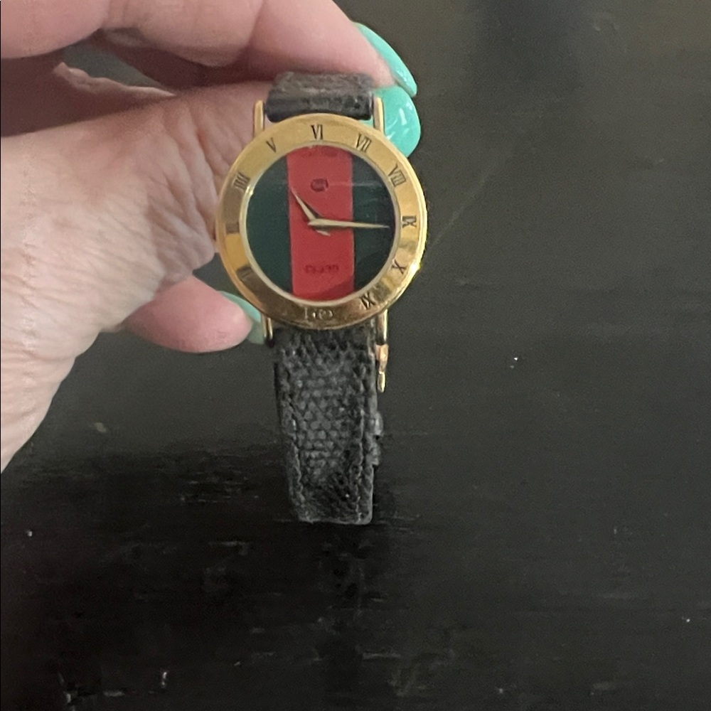 Gucci Gold Tone Watch with Red and Green Dial